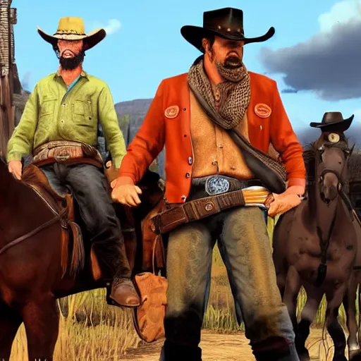 Image similar to a cowboy, with a trump hairstyle, in the style of red dead redemption, lucky luke, the good, the bad and the ugly, clint eastwood, steven seagal, bud spencer, donald trump, glory days, patriotism