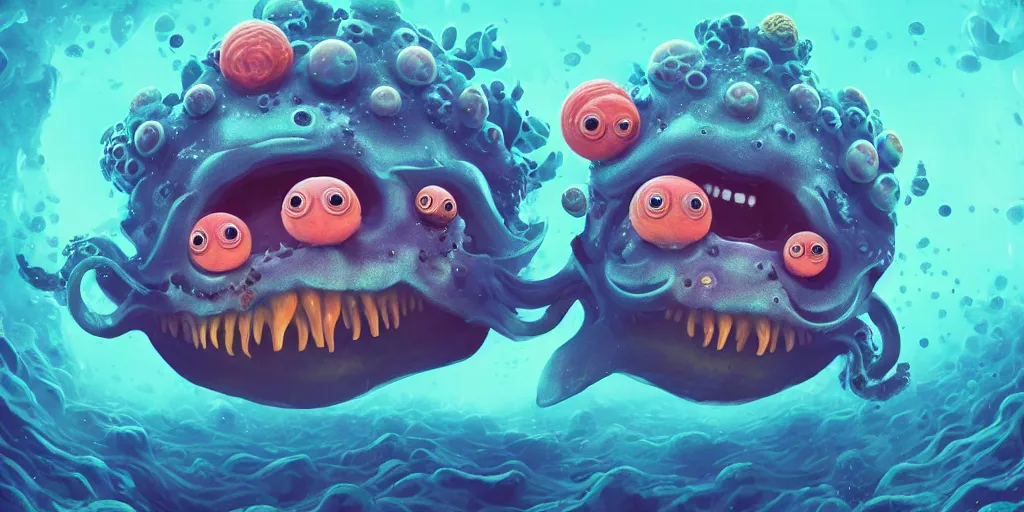 Image similar to of a colorful cloudy deep sea under water with strange cute friendly happy creatures with huge eyes, mouth, long tongue and round teeth appearing from sandy coral, in the style of gehry and gaudi, macro lens, shallow depth of field, highly detailed, digital painting, trending artstation, concept art, illustration, cinematic lighting, photorealism, epic, octane render