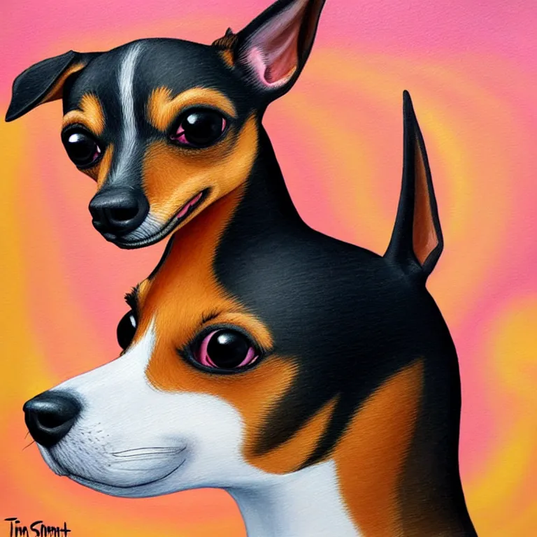 Prompt: painting of a min pin dog by tim shumate