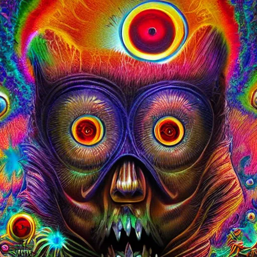 Image similar to dark fantasy, 4 k, textured 3 d, intense detail, psychedelic teddy bears with googly eyes, amazing background, alex grey style