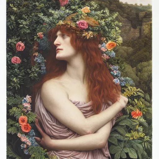 Image similar to Florence Welch as a Pre-Raphaelite goddess of nature in the style of John William Godward, close-up portrait, in focus, flowers and plants, moody, intricate, mystical