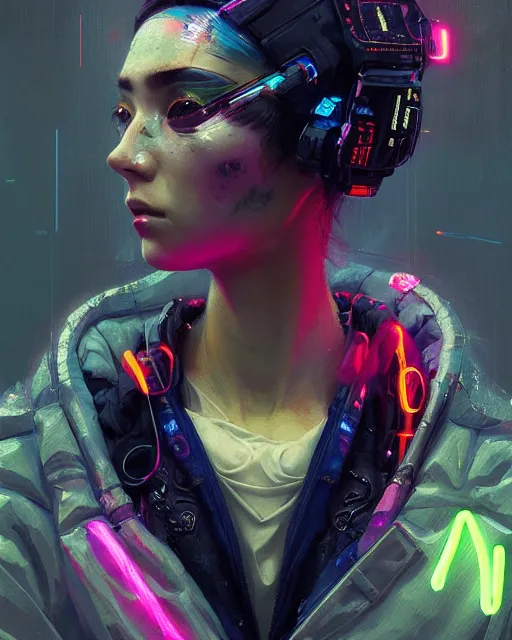 Image similar to detailed portrait Neon Operator Girl, cyberpunk futuristic neon, reflective puffy coat, decorated with traditional Japanese ornaments by Ismail inceoglu dragan bibin hans thoma greg rutkowski Alexandros Pyromallis Nekro Rene Maritte Illustrated, Perfect face, fine details, realistic shaded, fine-face, pretty face