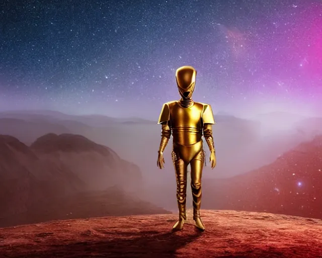 Image similar to closeup of an alien wearing a long flowing cloth shirt over stylish large futuristic golden plate armor walking to a tall alien city!! in the background, night sky with stars, light fog, beautiful colorful, anamorphic movie still