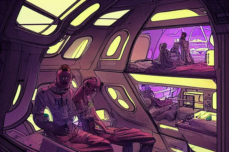 Prompt: people asleep inside glass pod rooms, on a cyberpunk spaceship at night, softly glowing control panels, by moebius