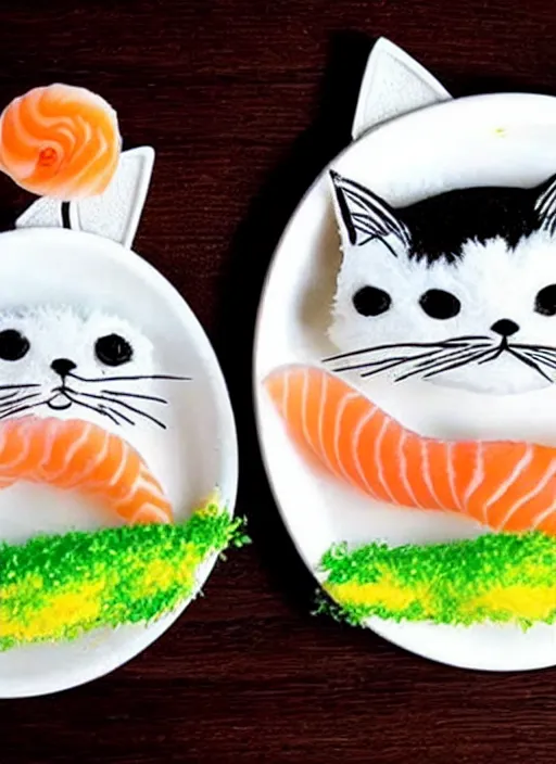 Image similar to clear surrealist painting of adorable cats made from sushi rice, sitting on sushi plates with garnish