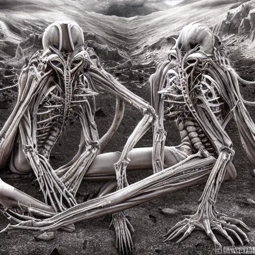 Image similar to conjoined demon twins sitting in a desert by Yoshitaka Amano, by HR Giger, biomechanical, 4k, hyper detailed, hyperrealism, anime, a Broken World, deviantart, artstation