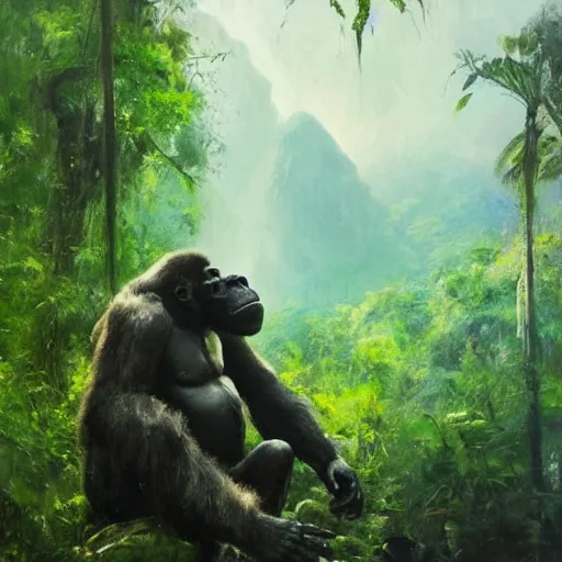 Prompt: giant gorilla skull embedded in a mountainside, lush green landscape, jungle setting, painted by jeremy mann