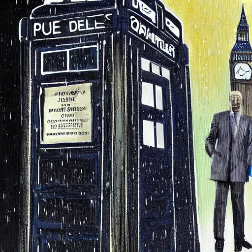 Prompt: Portrait of Queen Elizabeth II, with the Tardis behind her, on a dark rainy London street, highly detailed, digital painting, concept art, smooth, sharp focus