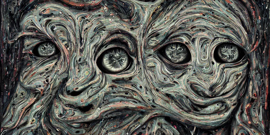 Image similar to camo made of eyes, technical, acrylic, teeth, eerie, tribal, clay, dotting, lines, stipple, points, cybernetic, style of old painting, francis bacon art, swirly eyes, hypnosis, eerie, terror, oil, neon, black and white, splotches, colorful dots, ominous,