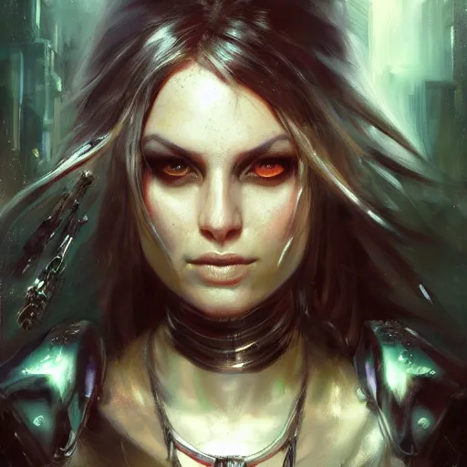 Image similar to aesthetic warrior sorceress in scale armor portrait by Raymond Swanland, cyberpunk, sci-fi cybernetic implants