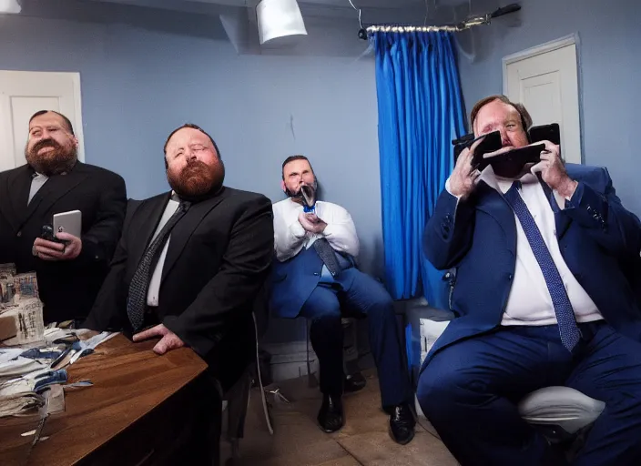 Image similar to dslr photo still of infowars host alex jones in a blue suit fat beard and mustache sitting depressed in a room filled to the ceiling with cell phones, 5 2 mm f 5. 6