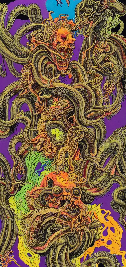 Prompt: mutant dragons and hell hounds dissolving into melted liquid braids, cubensis, aztec, basil wolverton, r crumb, hr giger, mc escher, dali, muted but vibrant colors, rainbow tubing, exposed gold wires, graffiti