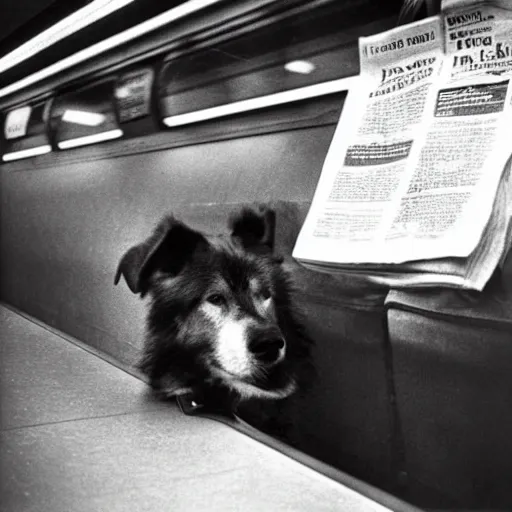 Image similar to a dog reading the newspaper on a subway train in new york, 1 9 7 0