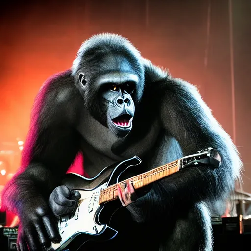 Prompt: King Kong performs with Arctic Monkeys on stage, 4k, music festival, epic, photo