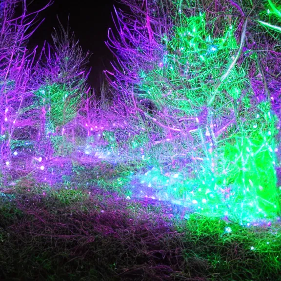 Image similar to crystal forest, fiber optic lights, neon glare, nacreous flare