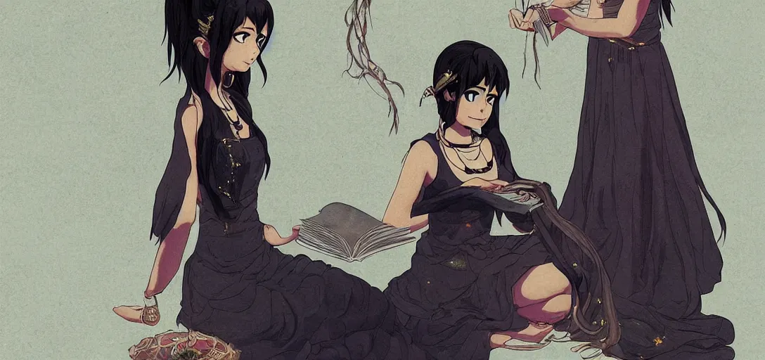 Image similar to Full body portrait of a Himalayan woman in a sleeveless dress, a book floating as she casts a ritual spell, dark colors, ominous, somber, detailed, artstation, by Kyoto Animation and Studio trigger, by Makoto Shinkai and Ilya Kuvshinov