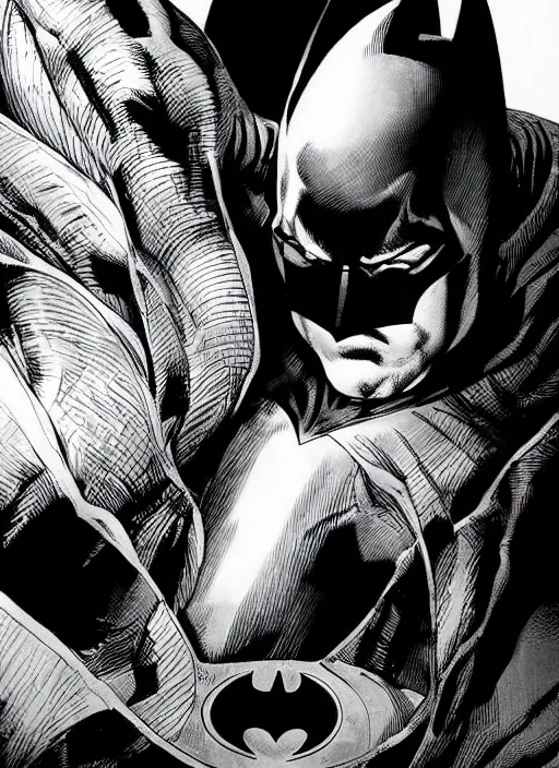 Image similar to portrait of the batman, black and white, by jim lee!