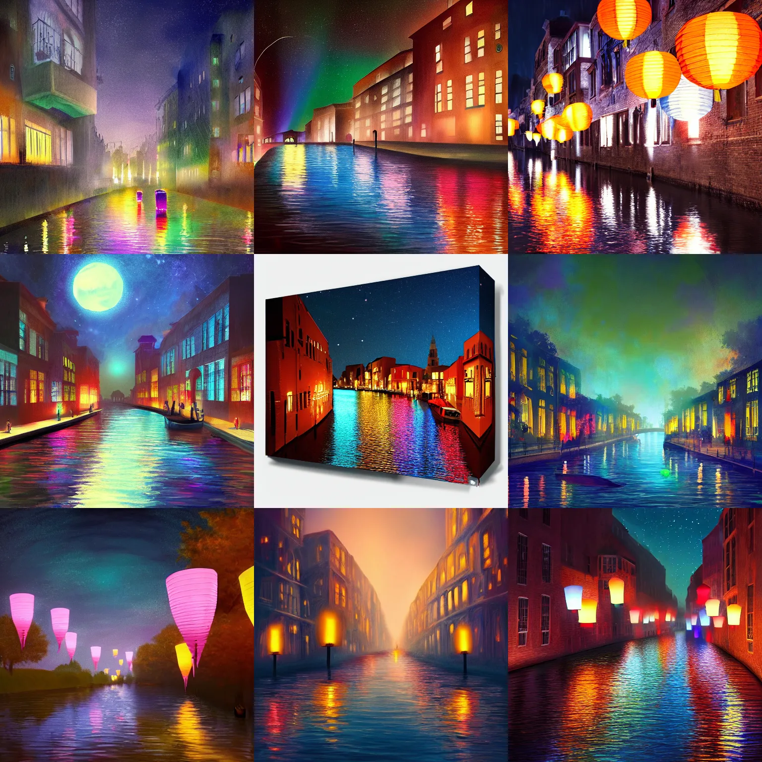 Prompt: paper lanterns glowing in many colors floating down a river canal at night, beautiful digital detailed landscape painting, matte painting trending on artstation