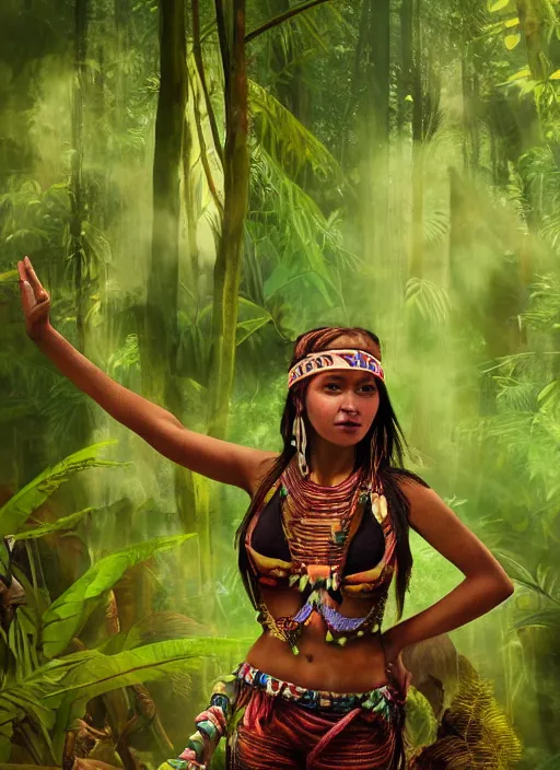 Prompt: a beautiful painting of an indigenous woman celebrating in the jungle, fantasy art, matte painting, highly detailed, dramatic lighting, octane render