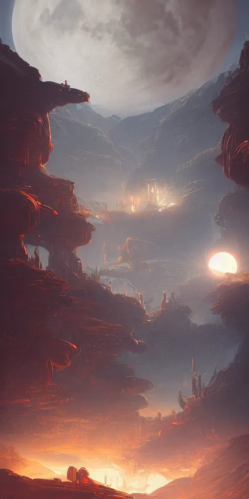 Image similar to Detailed exterior of the enemy moon base, red rising planet, stunning atmosphere, in Style of Peter Mohrbacher, cinematic lighting