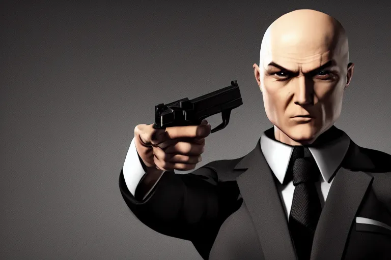 Image similar to a photo of agent 4 7 with his suit on holding a gun, photorealistic, 8 k, hd