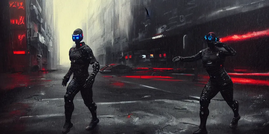 Image similar to Action portrait painting of a cyberpunk supersoldier villian character, armoured in athletic carbon suit head to toe, running towards camera in cyberpunk street, car explosion in background, rain, dark clouds atmosphere, wide shot, asymmetrical, profile picture, Organic Painting, sunset dark dramatic, matte painting, bold shapes, hard edges, street art, wide angle lens, trending on artstation, by Sachin Teng