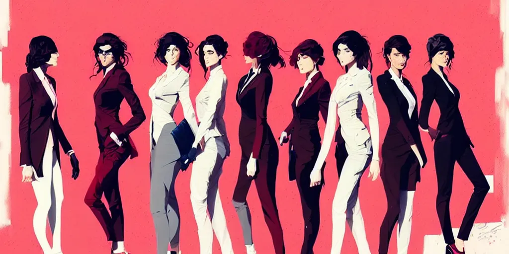 Image similar to a ultradetailed painting of multiple women in suits, by conrad roset, greg rutkowski and makoto shinkai trending on artstation