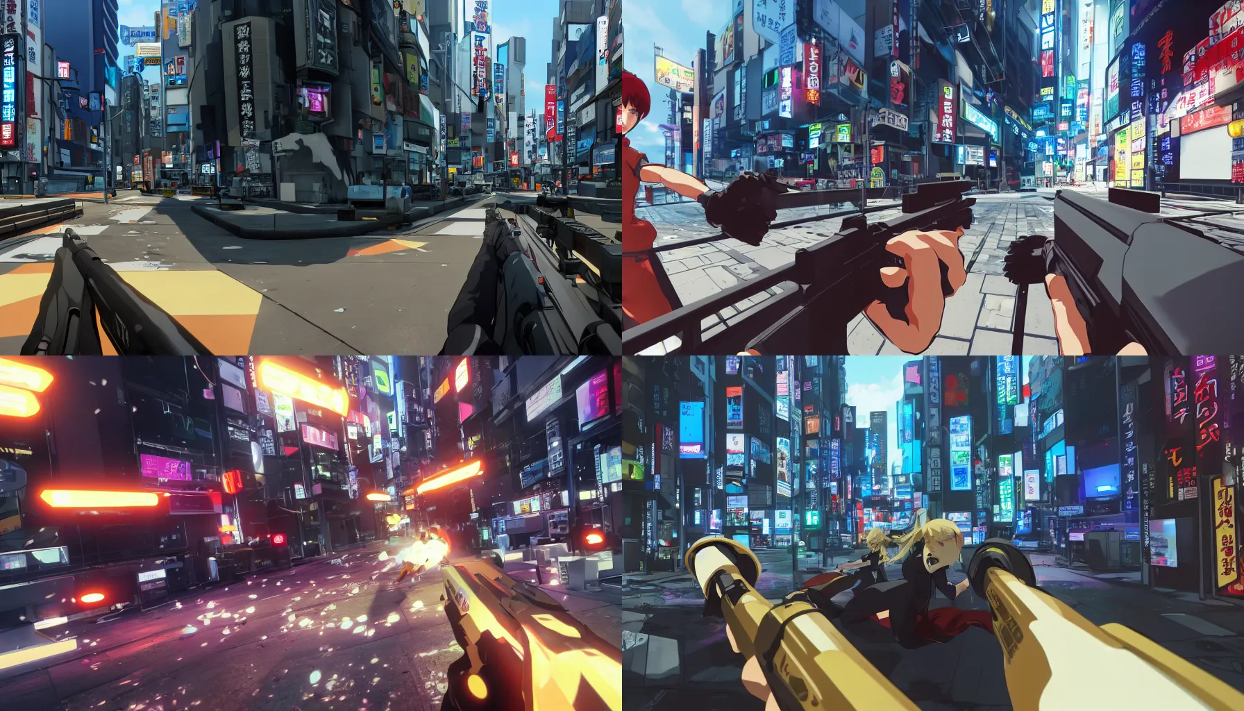 Prompt: a screenshot of a multiplayer first person perspective bank robbery simulator game, Set in Tokyo, anime style graphics inspired by Ghost in the shell + Akira + Cowboy Bebop, Unreal engine, Highly Detailed, Vibrant, created by Arc System Works + Hideo Kojima + Studio Gainax