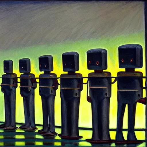 Prompt: robots queue up for daily inspection, grant wood, pj crook, edward hopper, oil on canvas