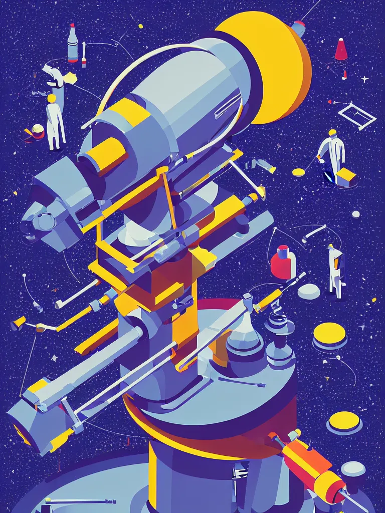 Image similar to editorial illustration scientific lab test tube telescope microscope spaceship, dynamic composition, detailed, matte print, dynamic perspective, colorful modern, mads berg