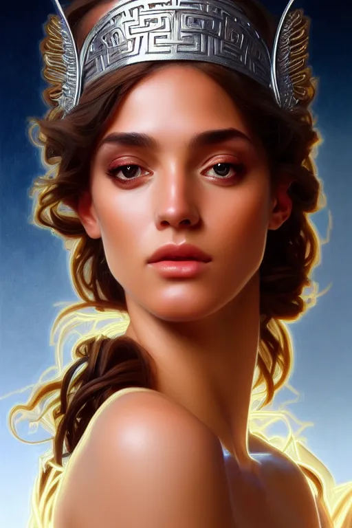 Image similar to portrait of beautiful greek goddess, eyes ablaze with silver fire, by terry o'neill intricate, elegant, highly detailed, digital painting, glistening skin, artstation, concept art, smooth, sharp focus, bright lighting, illustration, art by artgerm and greg rutkowski and alphonse mucha, 8 k