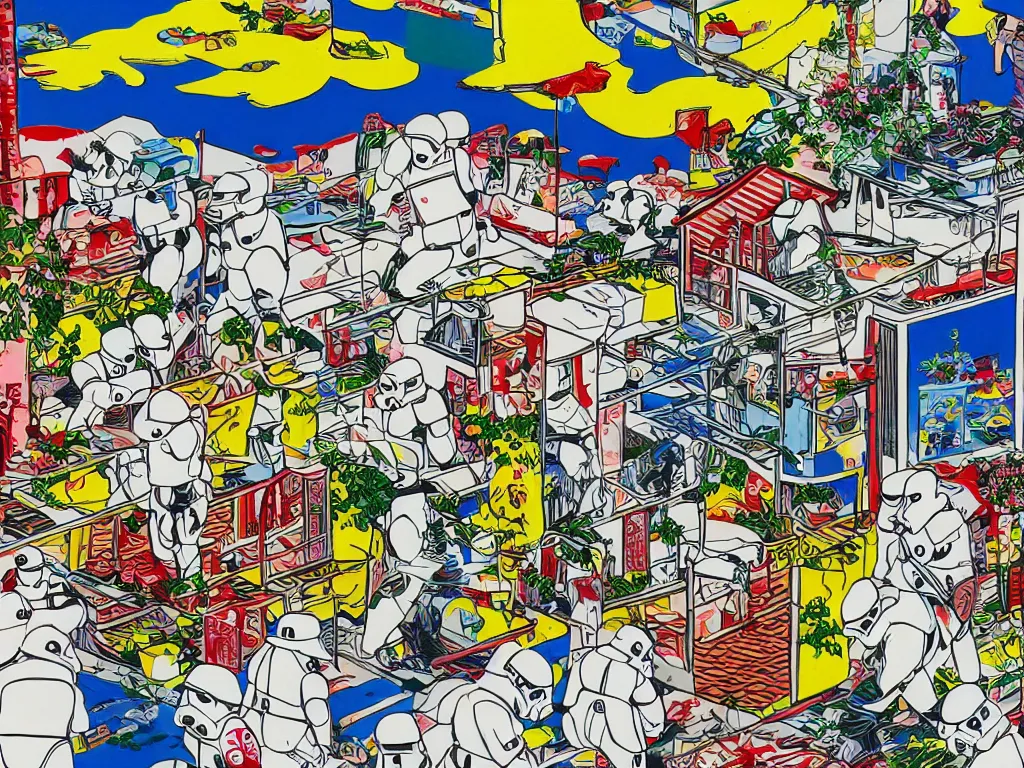 Prompt: detailed close - up image of the japanese home with a garden, stormtroopers in hot springs, pop - art style, jacky tsai style, andy warhol style, roy lichtenstein style, rich palette, acrylic on canvas