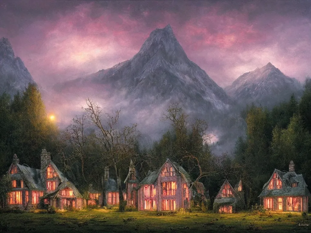 Prompt: a gorgous witchhouse in a woodland with lighted windows, mountains in background, evening mood, pink clouds in the sky, by clive madgwick