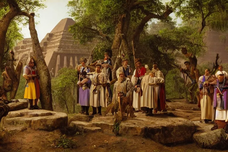 Image similar to Priests gathering at Aztec pyramid in jungle by Ludwig Deutsch and Rudolf Ernst, strong dramatic cinematic lighting, lost civilizations, smooth, sharp focus, extremely detailed