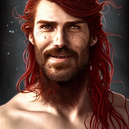 Prompt: portrait of a young ruggedly handsome but joyful pirate, faint freckles, male, masculine, upper body, red crimson crimson deep red hair, long long flowing hair, fantasy, proud smirk, intricate, elegant, highly detailed, digital painting, artstation, concept art, matte, sharp focus, illustration, art by artgerm and greg rutkowski and alphonse mucha