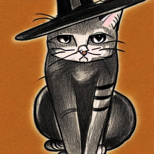 Image similar to drawing of a cat using witch hat. cartoon. cute. anime style.