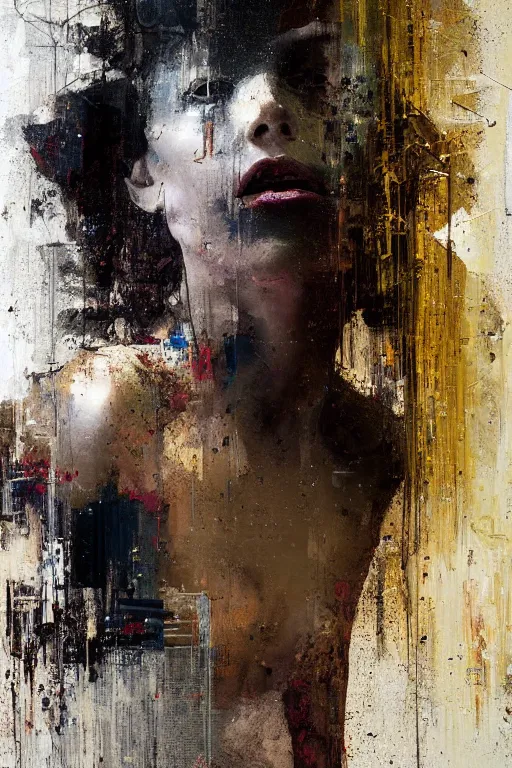 Prompt: a beautiful glitched painting by christian hook of a woman in a bathroom, metal rust and plaster materials, brushstrokes by jeremy mann, still life, dark colors