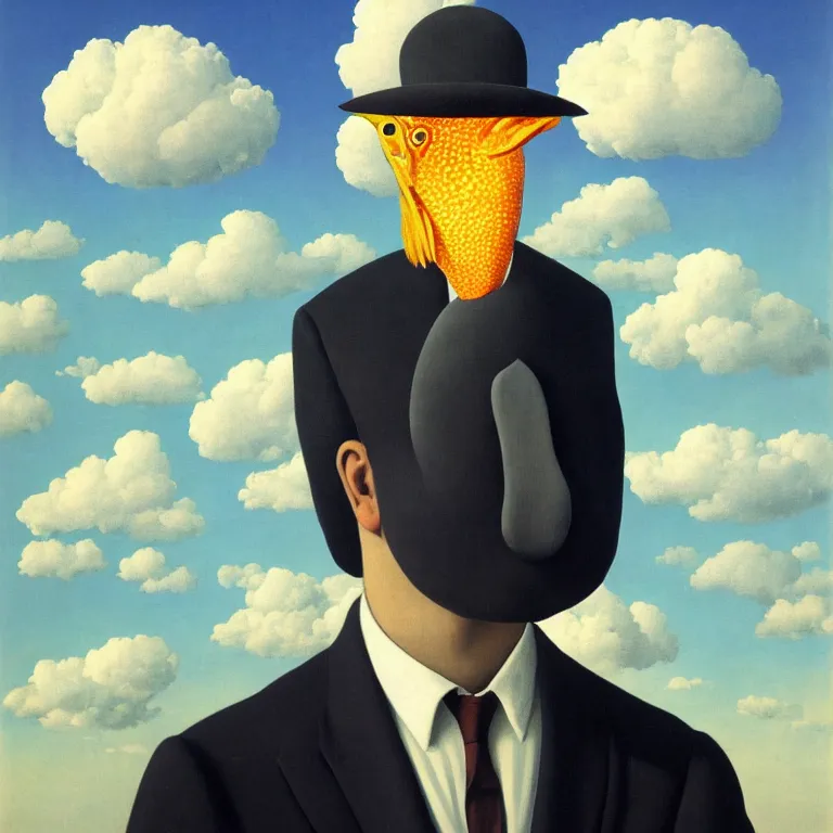 Image similar to portrait of a man with fish head, clouds in the background, by rene magritte, detailed painting, distance, middle centered, hd, hq, high resolution, high detail, 4 k, 8 k