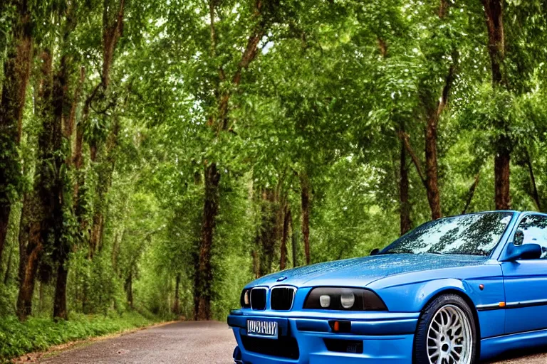 Image similar to A modified blue BMW e36 parked in a road with trees, rainy season, Epic photography, taken with a Leica camera, 500 mm focal length, f/1.5 aperture, depth of field