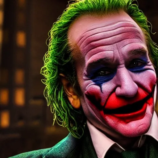 Image similar to stunning awe inspiring ( robin williams ) as the joker 8 k hdr movie still atmospheric lighting