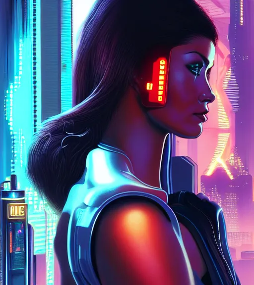 Image similar to cable plugged in, side of head, very very beautiful woman, cyberdeck computer terminal, street level night city, 1 9 7 9 omni magazine cover, style by vincent di fate, artgerm, cyberpunk 2 0 7 7, very coherent, detailed, 4 k resolution, unreal engine, daz