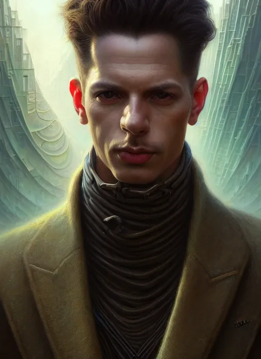 Image similar to closeup portrait shot of a male sleuth in a scenic cyberpunk environment, intricate, elegant, highly detailed, centered, digital painting, artstation, concept art, smooth, sharp focus, illustration, artgerm, tomasz alen kopera, peter mohrbacher, donato giancola, joseph christian leyendecker, wlop, boris vallejo