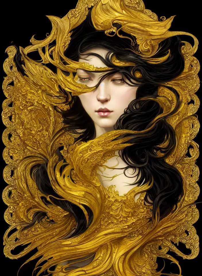 Image similar to beautiful black yellow, complicated gold the baroque style decoration, dark fantasy, intricate, elegant, highly detailed, digital painting, artstation, concept art, matte, 3 d 8 k octane rendered, sharp focus, illustration, octane rendered, art by artgerm and alphonse mucha, leesha hannigan, ross tran