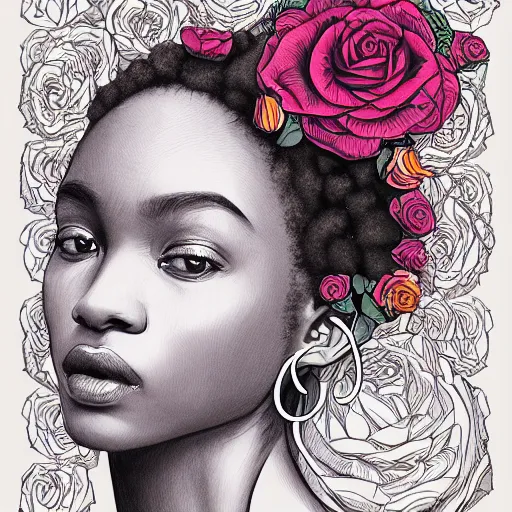 Prompt: the anatomy of a head of lettuce with roses that resemble a beautiful young african woman looking up, an ultrafine detailed illustration by james jean, intricate linework, bright colors, final fantasy, behance contest winner, vanitas, angular, altermodern, unreal engine 5 highly rendered, global illumination, radiant light, detailed and intricate environment