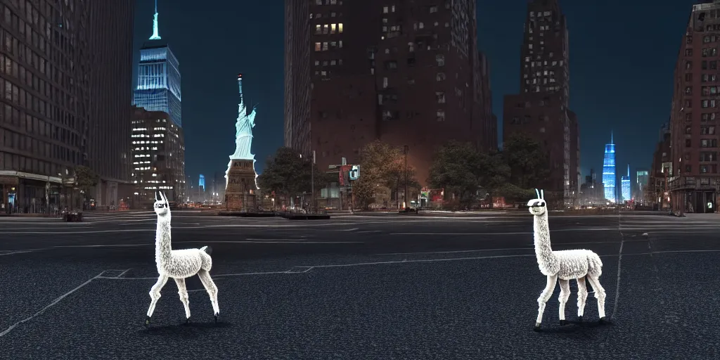 Image similar to a llama walking through a desolate manhattan city street at night, statue of liberty seen in the background, realistic 4 k octane beautifully detailed render, 4 k post - processing, highly detailed, detailed face, intricate complexity, epic composition, magical atmosphere, cinematic lighting, masterpiece, color picture, ultra hd