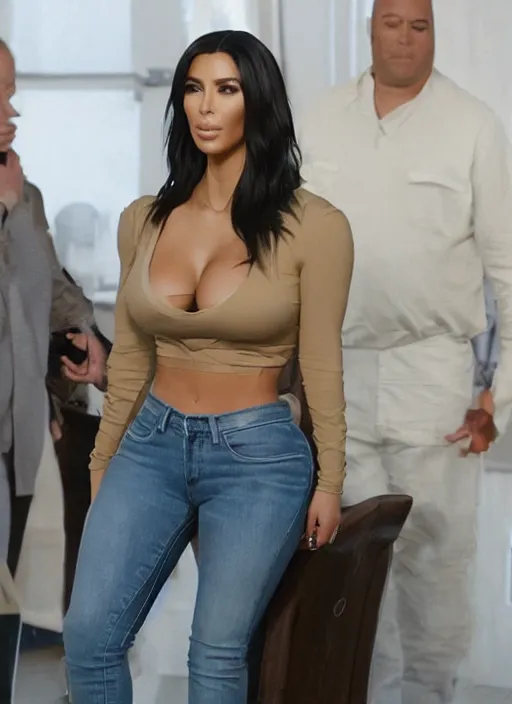 Image similar to a film still of kim kardashian tied to a chair, mouth taped, hands cuffed, outfit : jeans and white vest