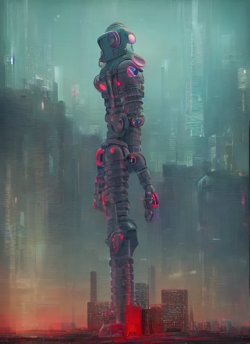 Prompt: a painting of a giant robot standing in front of a city, cyberpunk art by beeple art by james jean, behance contest winner, nuclear art, dystopian art, apocalypse art, sci - fi
