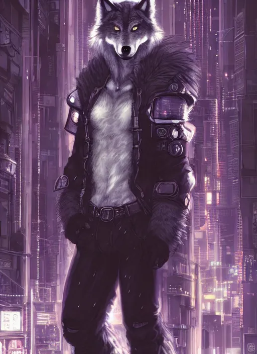 Prompt: character portrait of a muscular male anthro wolf fursona with a tail and a cute beautiful attractive detailed furry face wearing stylish cyberpunk clothes in a cyberpunk city at night while it rains. hidari, color page, tankoban, 4K, tone mapping, Akihiko Yoshida.