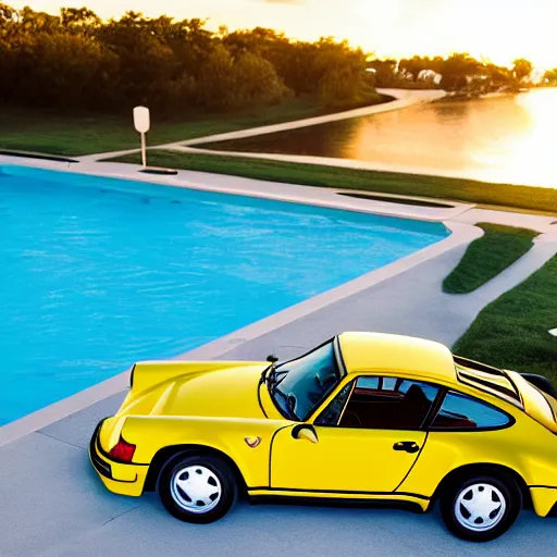 Image similar to a yellow 1 9 8 5 porsche 9 1 1 turbo, palm beach swimming pool, sunset, hyperreal, 4 k