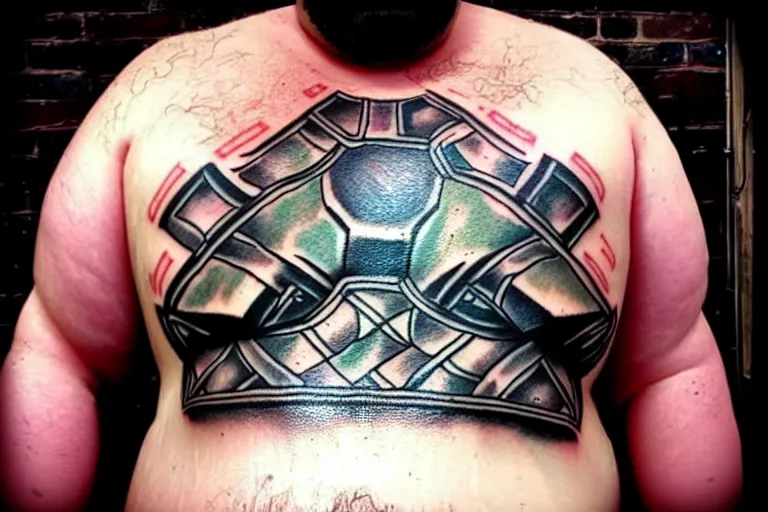 Prompt: ugly amateur tattoo of Mjölnir on a fat man's belly
